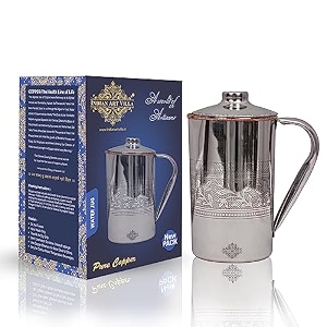 indian art villa steel copper embossed design jug pitcher with lid storage amp serving water beneficial for health volume-1000 ml