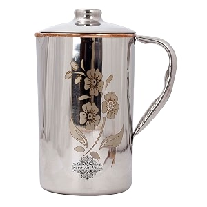 indian art villa steel copper floral design jug pitcher with lid storage amp serving water beneficial for health volume-1000 ml