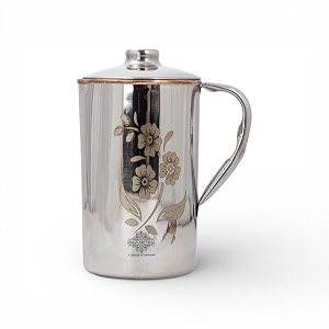indian art villa steel copper floral design jug pitcher with lid storage amp serving water beneficial for health volume-2000 ml
