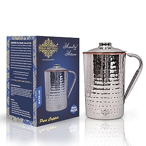 indian art villa steel copper hammered design carafes with lid storage amp serving water beneficial for health volume-1000 ml