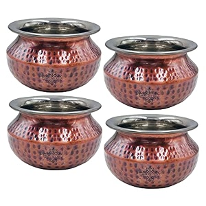 indian art villa steel copper hammered design antique dark tone punjabi handi tableware amp serveware item for home hotel amp restaurants volume-825 ml set of 4