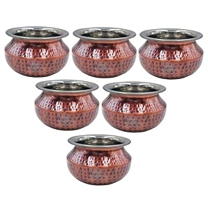 indian art villa steel copper hammered design antique dark tone punjabi handi tableware amp serveware item for home hotel amp restaurants volume-700 ml set of 6