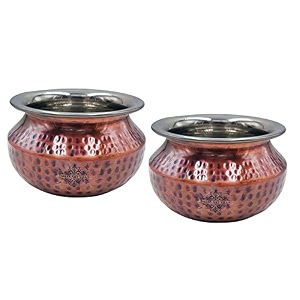 indian art villa steel copper hammered design antique dark tone punjabi handi tableware amp serveware item for home hotel amp restaurants volume-450 ml set of 2