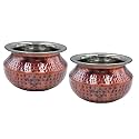 Indian Art Villa Steel Copper Hammered Design Antique Dark Tone Punjabi Handi, Tableware &amp; Serveware Item for Home, Hotel &amp; Restaurants, Volume-450 ml, Set of 2