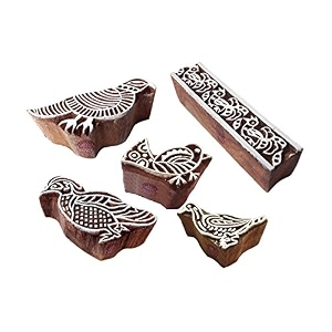indian pattern bird and border wooden blocks for printing set of 5