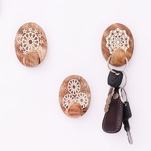 indian-shelf 3 self adhesive mandala wooden wall hooks with 6 strips