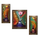 Indianara Set of 3 Floral Paintings (1677) Without Glass 5.2 X 12.5, 9.5 X 12.5, 5.2 X 12.5 INCH