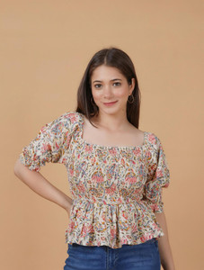 INDIANIC Casual Printed Women Beige Top