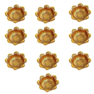 indian-shelf 10 flower aarti diyas golden aluminium oil lamps for pooja