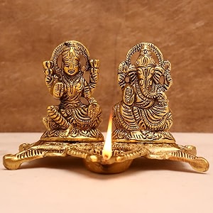 indian-shelf gold lakshmi ganesh diya metal idol puja oil lamp diwali decor