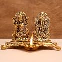 Indian-Shelf Gold Lakshmi Ganesh Diya Metal Idol Puja Oil Lamp Diwali Decor
