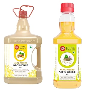 indicwisdom wood pressed oils groundnut oil 5 liter  white sesame oil 200 ml cold pressed oil - extracted on wooden churner