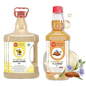 indicwisdom wood pressed oils sunflower oil 5 liter  flaxseed oil 200 ml cold pressed oil - extracted on wooden churner