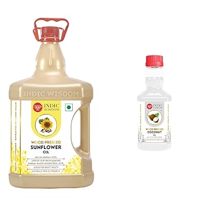 indicwisdom wood pressed oils sunflower oil 5 liter  coconut oil 200 ml cold pressed oil - extracted on wooden churner