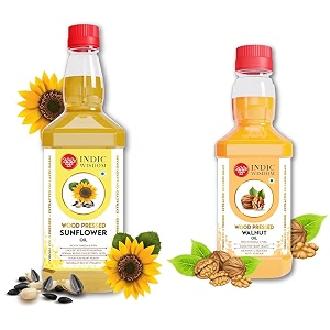 indicwisdom wood pressed oils sunflower oil 1 liter  walnut oil 100 ml cold pressed oil - extracted on wooden churner