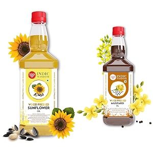 indicwisdom wood pressed oils sunflower oil 1 liter  mustard oil 1 liter cold pressed oil - extracted on wooden churner
