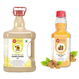 indicwisdom wood pressed oils sunflower oil 5 liter  walnut oil 100 ml cold pressed oil - extracted on wooden churner