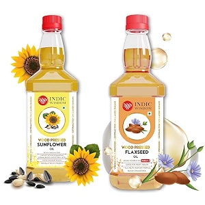 indicwisdom wood pressed oils sunflower oil 1 liter  flaxseed oil 200 ml cold pressed oil - extracted on wooden churner