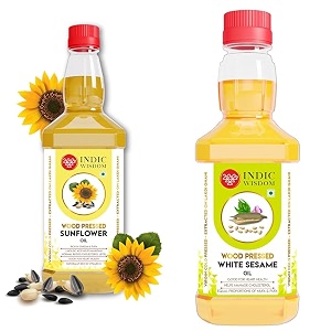 indicwisdom wood pressed oils sunflower oil 1 liter  white sesame oil 200 ml cold pressed oil - extracted on wooden churner