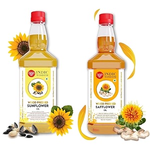 indicwisdom wood pressed oils sunflower oil 5 liter  safflower oil 1 liter cold pressed oil - extracted on wooden churner