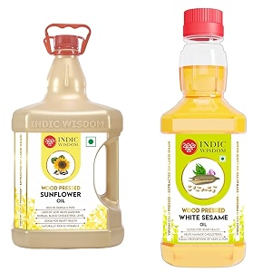 indicwisdom wood pressed oils sunflower oil 5 liter  white sesame oil 200 ml cold pressed oil - extracted on wooden churner