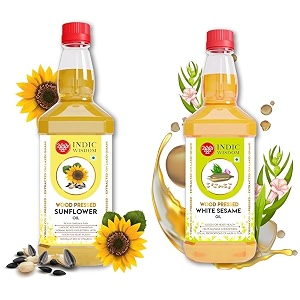 indicwisdom wood pressed oils sunflower oil 1 liter - pack of 2  white sesame oil 1 liter - pack of 2 cold pressed oil - extracted on wooden churner