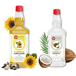 indicwisdom wood pressed oils sunflower oil 1 liter - pack of 2  mustard oil 500 ml cold pressed oil - extracted on wooden churner