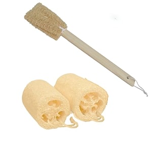 indigenous living body amp back exfoliation combo kit  2 natural loofah scrubbers  15-inch long handle bath brush  deep exfoliating body scrubber set for men amp women  gentle plant-based skin cleansing