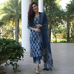 Indigo Blue Printed Cotton Kurta Set with