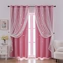 indistar Colourful Stripe Star Cut-Out Blackout Curtains for Bedroom,2 Layers Mix Design of Fabric &amp; Tulle,Pretty Window Curtain for Kids Room 1 Panel (W52 x L80 Pink)