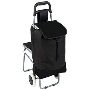 inditradition foldable shopping trolley dolly for groceries with wheels in-built attached chair  shopping cart bag 90x45x335 cm 30 liter bag - black