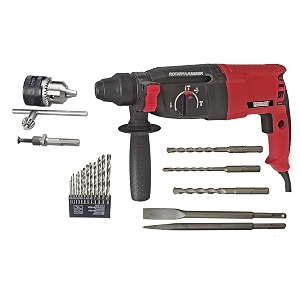 inditrust dumdaar dm26 1600w 26mm hammer machine with 5pc hammer bit 13mm drill chuck amp adaptor and 13pc hss drill set rotary hammer red