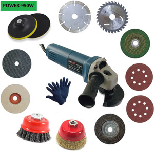 inditrust electric angle grinder machine with 1pair glove 2pc vecro pad 1pc 4inch felt flap metal cutting grinding marble wood wheel  1p 5inch backing pad 2pc 3inch golden and twisted cup brush set angle grinder