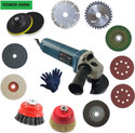 Inditrust Electric Angle Grinder Machine with 1pair Glove 2pc Vecro pad 1pc 4inch (Felt Flap Metal Cutting Grinding Marble Wood Wheel ) 1p 5inch Backing Pad 2pc 3inch Golden and Twisted Cup brush set Angle Grinder