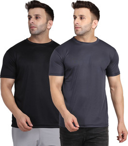 indizo solid men round neck black grey t-shirt