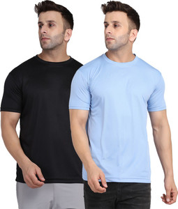 indizo solid men round neck blue black t-shirt