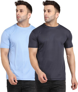 indizo solid men round neck blue grey t-shirt