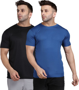 indizo solid men round neck blue black t-shirt