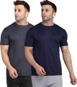 indizo solid men round neck blue grey t-shirt