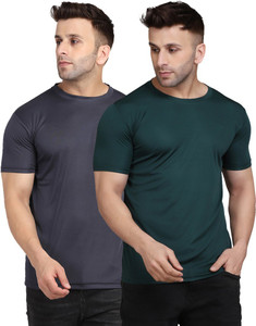 indizo solid men round neck green grey t-shirt