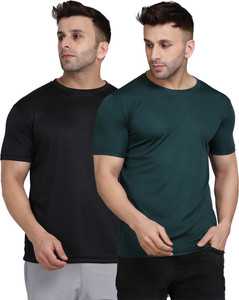 indizo solid men round neck green black t-shirt