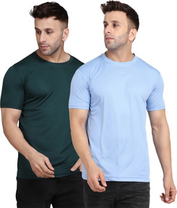 indizo solid men round neck green blue t-shirt