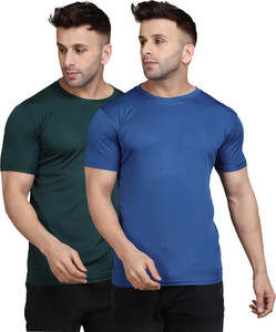 indizo solid men round neck green blue t-shirt