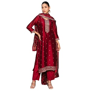 indo era women39s embroidered silk blend calf length straight kurta amp pant with dupatta set