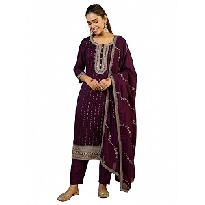 indo era women39s embroidered silk blend calf length straight kurta amp pant with dupatta set