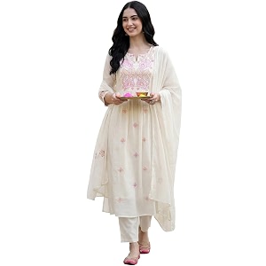 INDO ERA Womens Floral Embroidered A-Line Pure