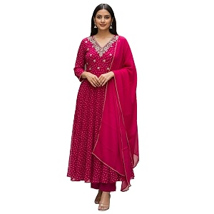 INDO ERA Womens Georgette Floral Embroidered A-Line