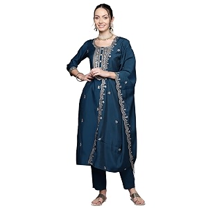 INDO ERA Womens Green Poly Silk Embroidered