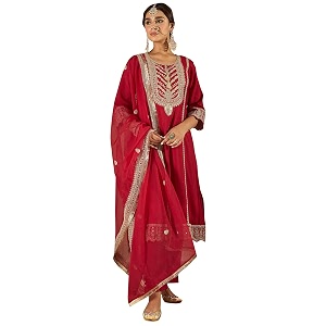 INDO ERA Womens Maroon Silk Blend Embroidered