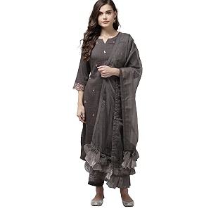 INDO ERA Womens Poly Chiffon Embroidered Straight